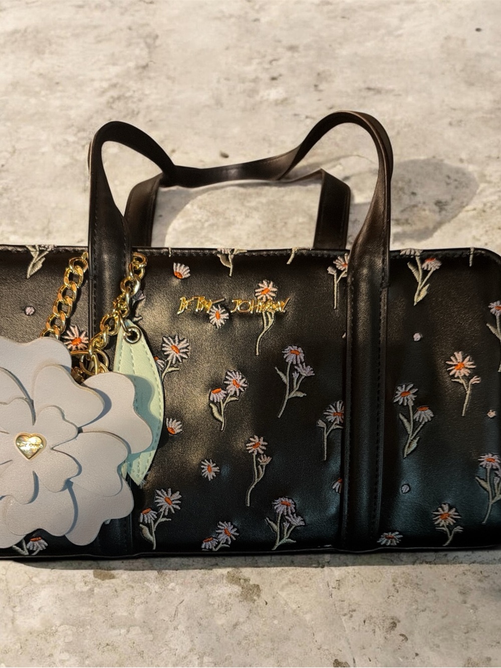 Betsey Johnson Black Satchel with White & Orange Floral Print